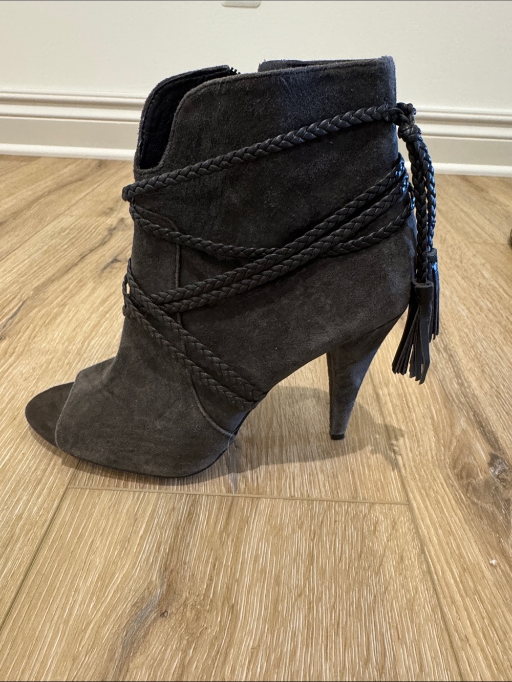 Suede Braided Tassel peep toe High Heel Ankle Boot - Charcoal
